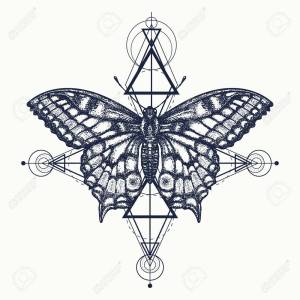 Butterfly tattoo, geometrical style. Beautiful Swallowtail boho t-shirt design. Mystical symbol of freedom, nature, tourism. Realistic butterfly art tattoo for women